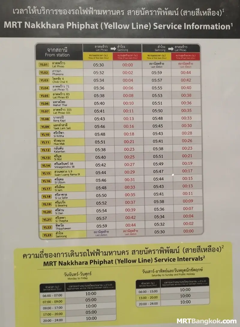 Bangkok BTS Yellow Line Timetable